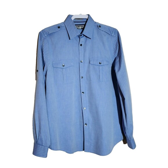 Express Other - Express Mens Fitted Cotton Herringbone Shirt M Blue Button-Down Roll-Up Sleeve